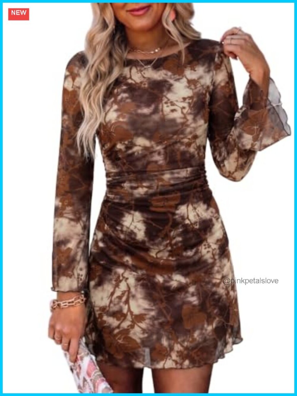 Women's Bell Sleeve Ruched Mesh Mini Dress A Line Cocktail Party